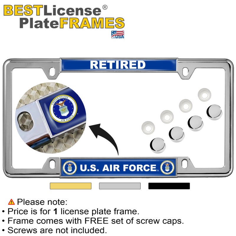 BestLicensePlateFrames [Officially Licensed Product] - USAF - U.S. Air Force Retired - Domed Custom-Made Personalized Narrow (Thin) Top 4 Hole Metal Car License Plate Frame with Free caps - Chrome Frame (Qty: 1) - Image 2